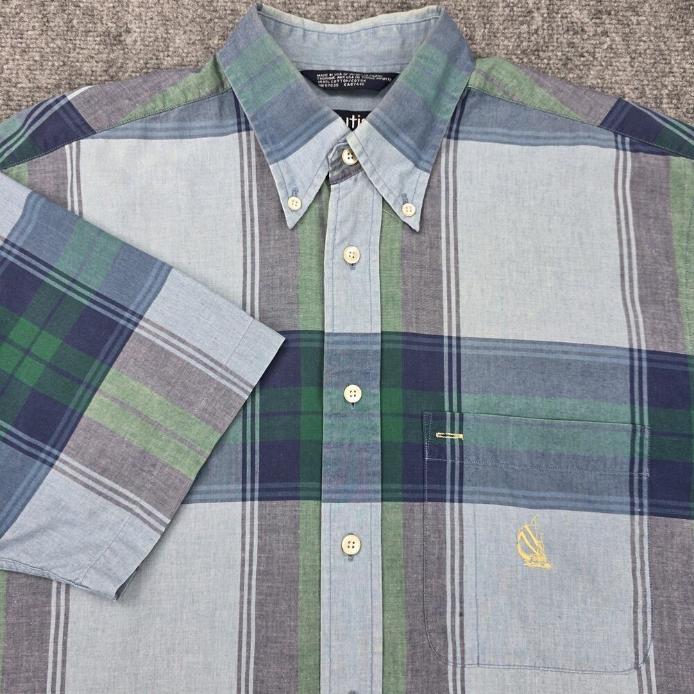 Vintage Nautica Shirt Mens Medium Blue Green Plaid Cotton Button Down USA Made